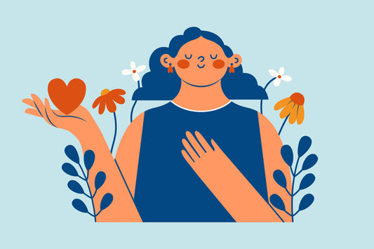 Illustration of a peaceful woman with a hand on her heart, holding a red heart in her other hand, surrounded by flowers and leaves, symbolizing mindfulness and self-love.