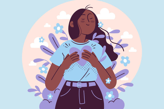 An image of a girl holding a heart suggesting the healing and meditative magic of cross stitching