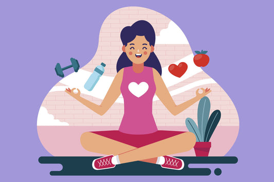 An illustration of a girl sitting cross-legged with water, heart, fruit and dumbbell in the background.