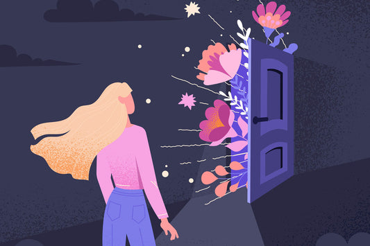 An image of a woman looking toward a door that is opening with flowers coming out and shining through.