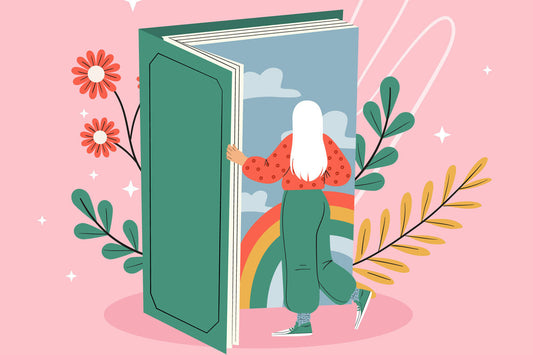 An image of a girl opening a giant book with rainbow and sky inside.