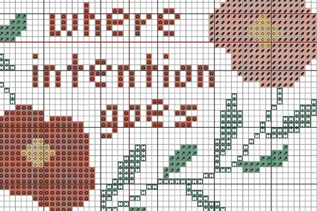 A cross stitch pattern featuring a grid layout with a floral design, showing symbols and color codes for stitching guidance.