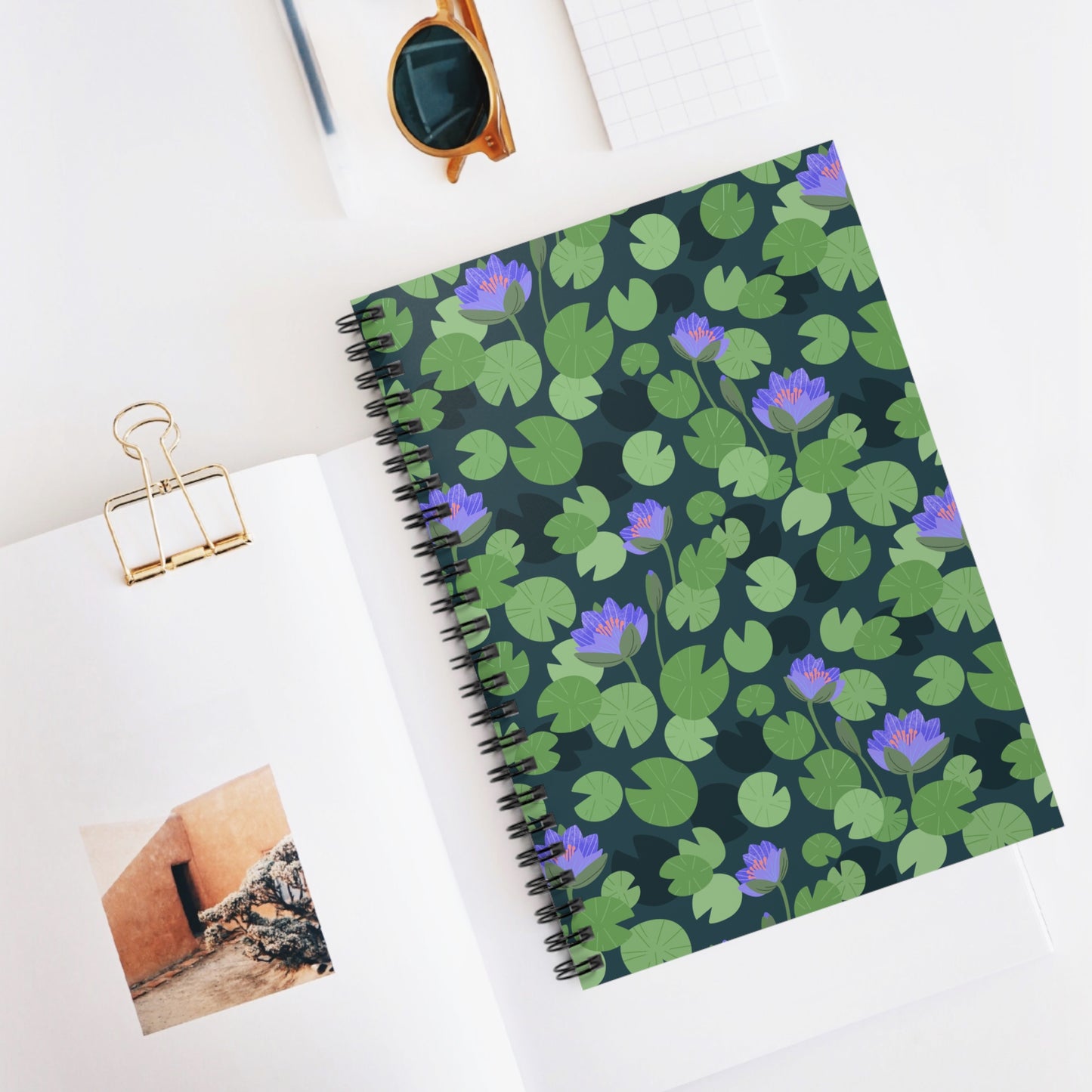 Waterlilies Dark Background Spiral Notebook - Ruled Line
